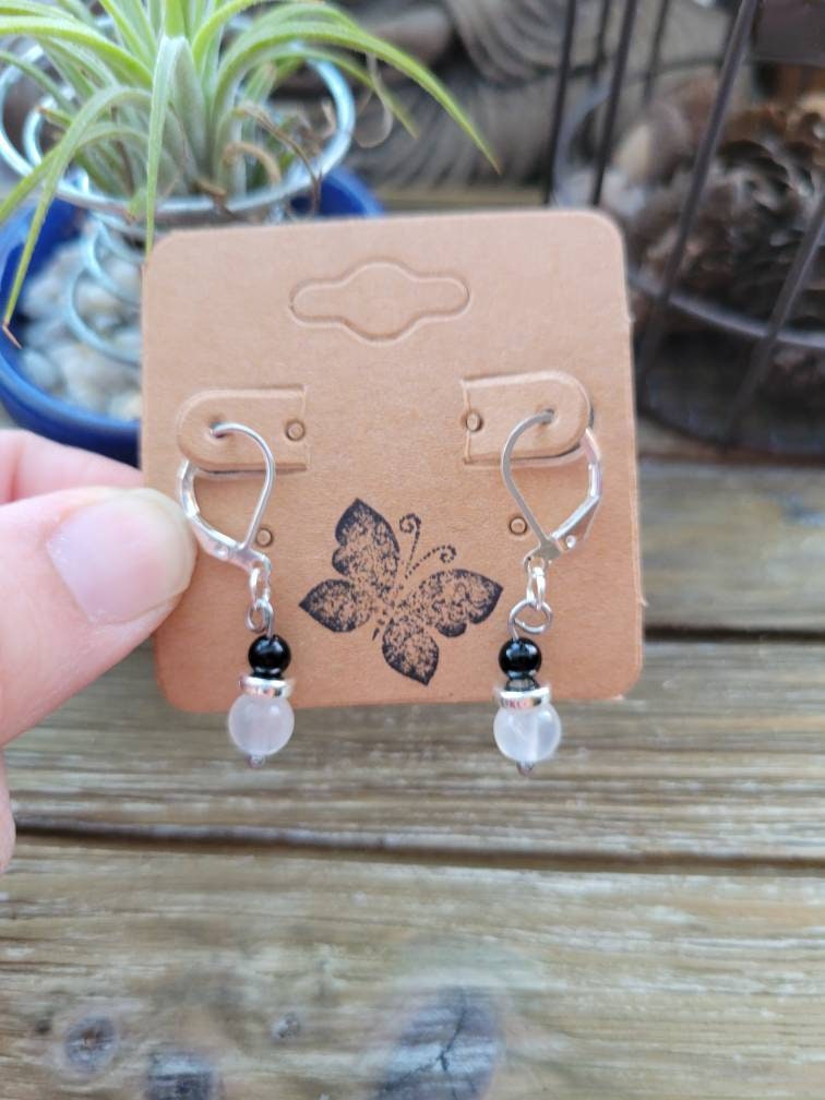 Selenite & Onyx Dangle Earrings: Hypoallergenic Crystal Jewelry