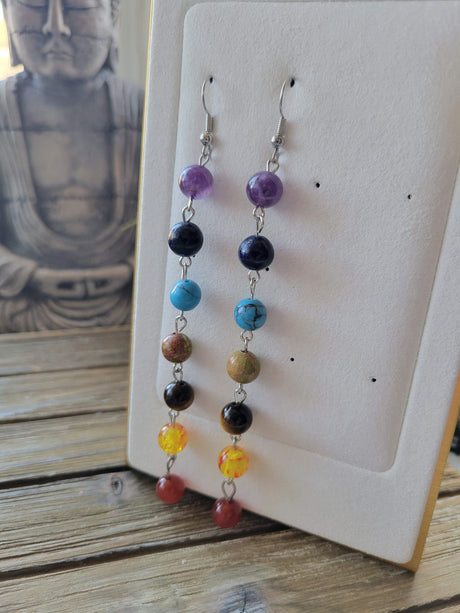 Seven Chakras Crystal Earrings: Stacked Gemstone Beads, Dangle Earrings