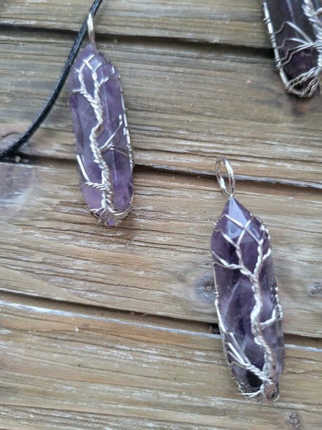 Natural Amethyst Big Wire Wrapped Pendants and Cord
