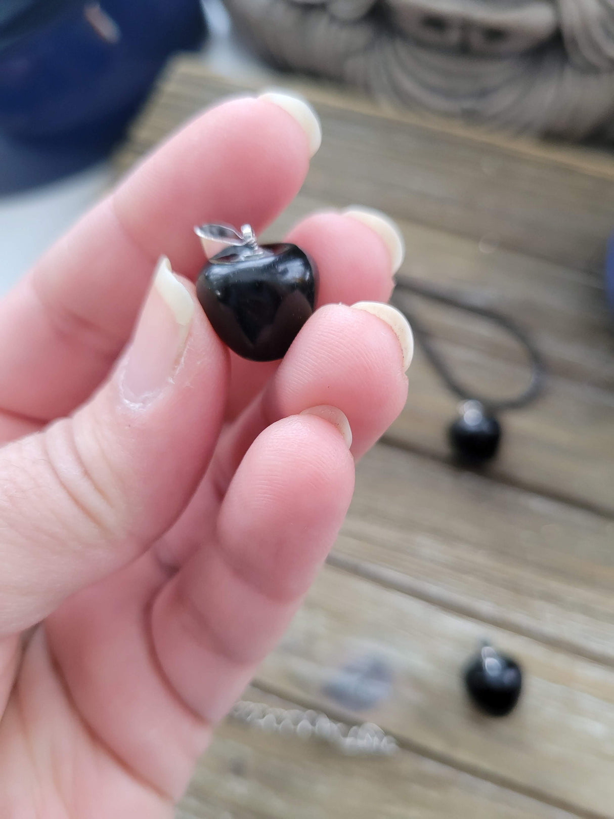 Obsidian Apple Pendant, Crystal Cord Necklace