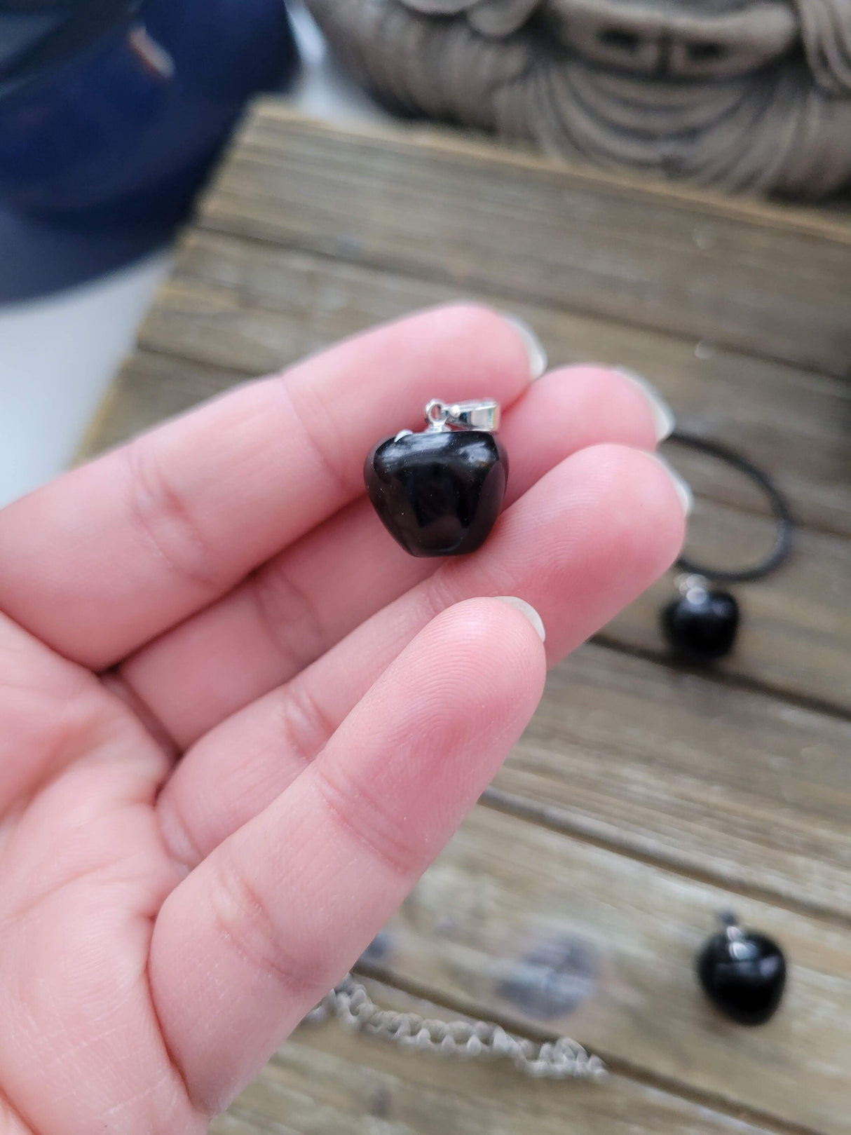Obsidian Apple Pendant, Crystal Cord Necklace