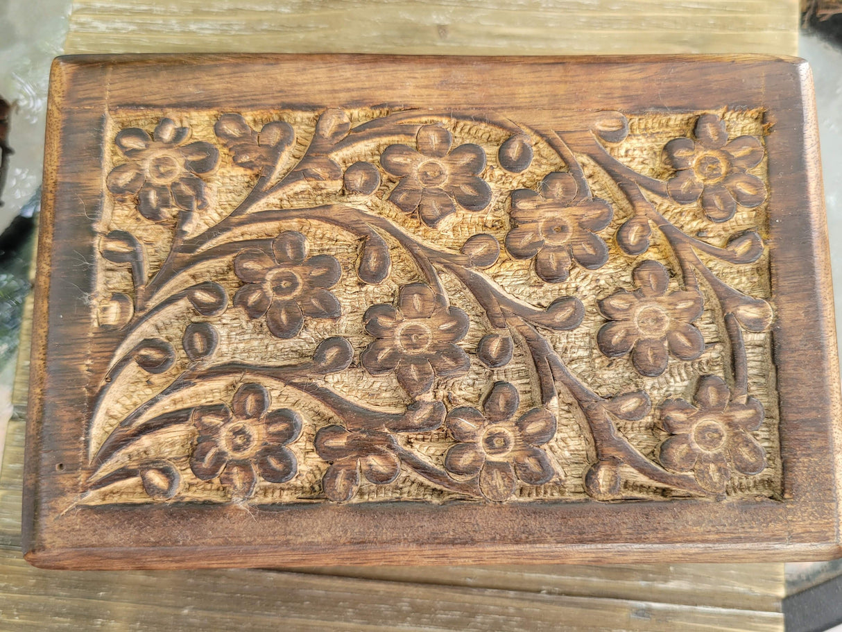 Floral Carved Wood Box: Witch Altar, Tarot, Runes
