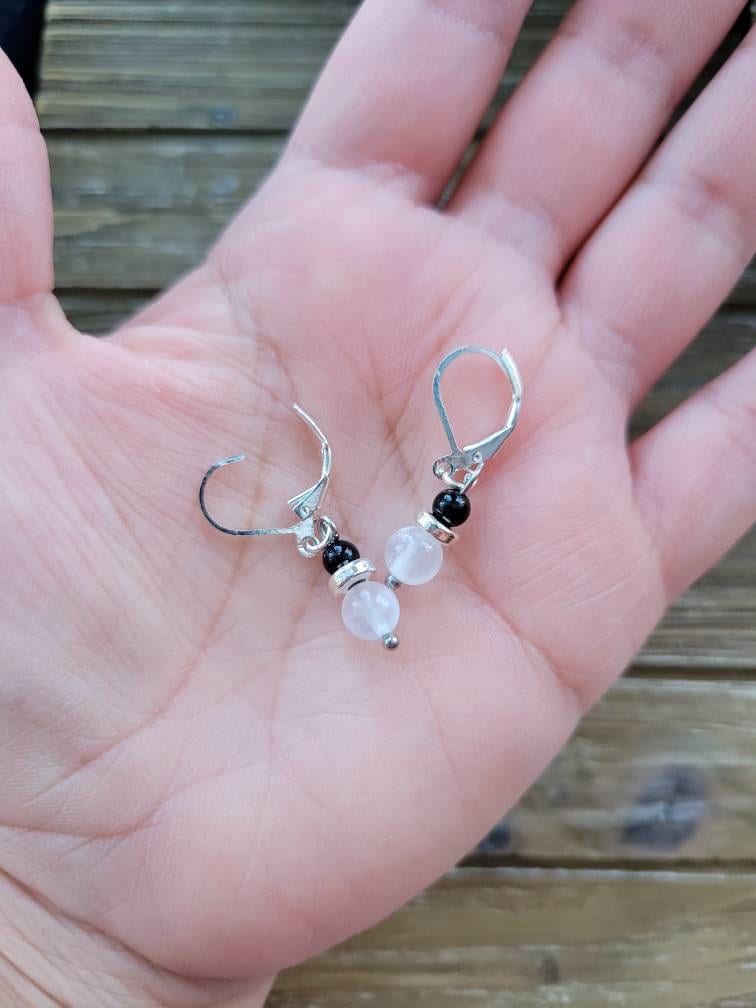 Selenite & Onyx Dangle Earrings: Hypoallergenic Crystal Jewelry