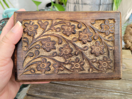 Floral Carved Wood Box: Witch Altar, Tarot, Runes