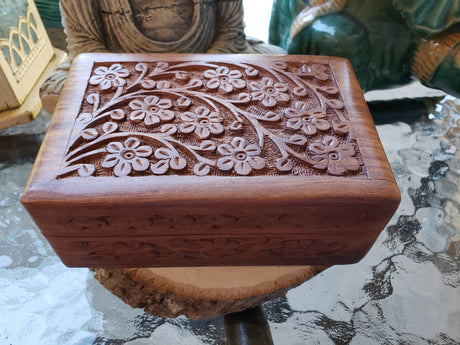 Floral Carved Wood Box: Witch Altar, Tarot, Runes