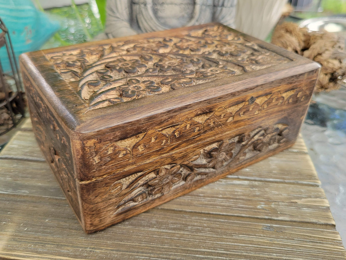 Floral Carved Wood Box: Witch Altar, Tarot, Runes