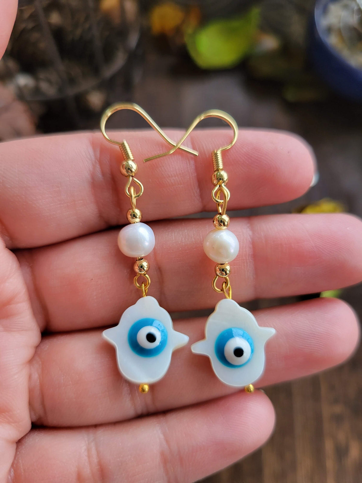 Hamsa Hand Evil Eye Dangle Earrings: Freshwater Pearl Beads
