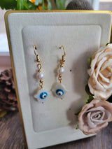 Hamsa Hand Evil Eye Dangle Earrings: Freshwater Pearl Beads