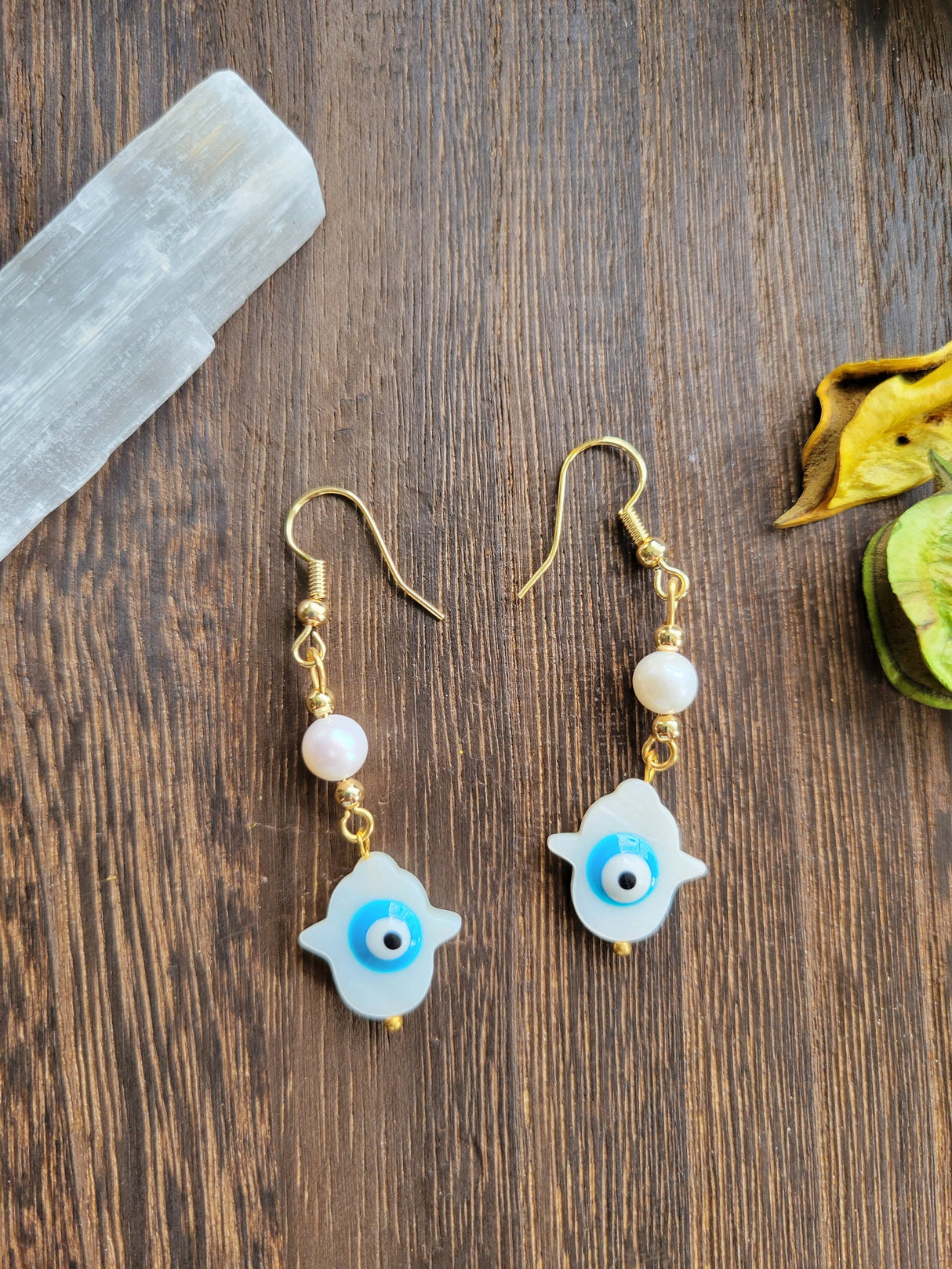 Hamsa Hand Evil Eye Dangle Earrings: Freshwater Pearl Beads
