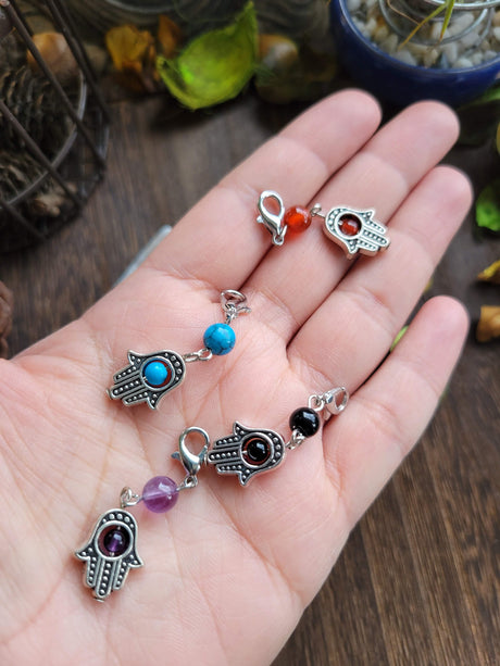Hamsa Hand Pendant: Mixed Stone Bead, Evil Eye Charm