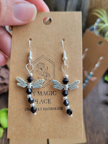 Handmade Glass Beaded Dragonfly Earrings: Silver Alloy Dangles