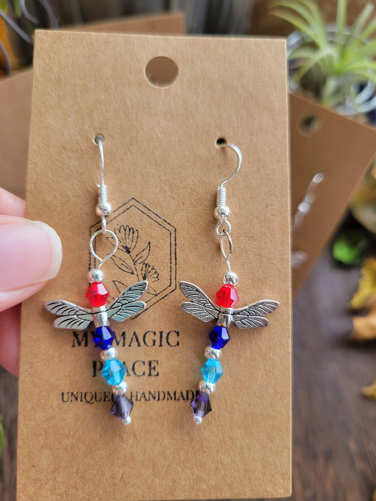 Handmade Glass Beaded Dragonfly Earrings: Silver Alloy Dangles