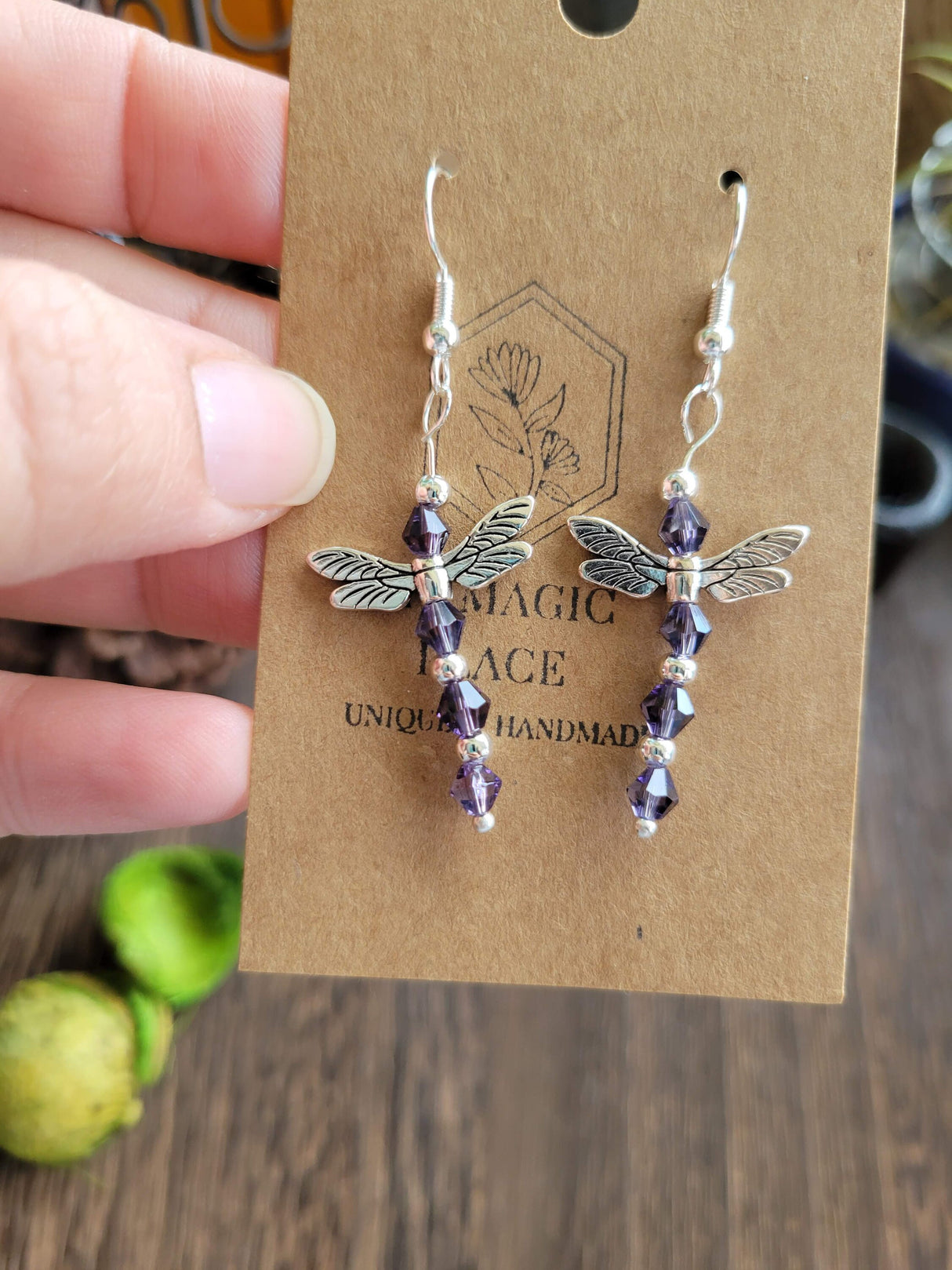 Handmade Glass Beaded Dragonfly Earrings: Silver Alloy Dangles