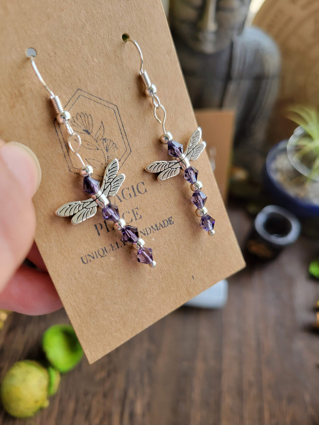 Handmade Glass Beaded Dragonfly Earrings: Silver Alloy Dangles