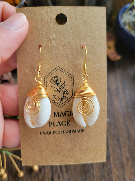 Shell Cowrie Wire Wrapped Earrings, Sea Earrings, Shell Earrings