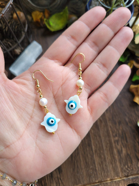 Hamsa Hand Evil Eye Dangle Earrings: Freshwater Pearl Beads