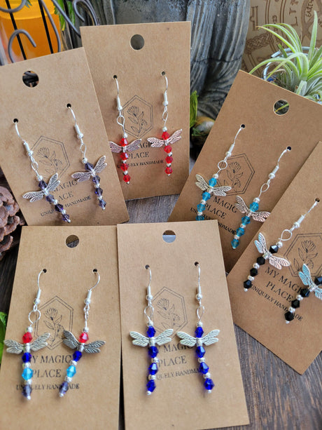 Handmade Glass Beaded Dragonfly Earrings: Silver Alloy Dangles