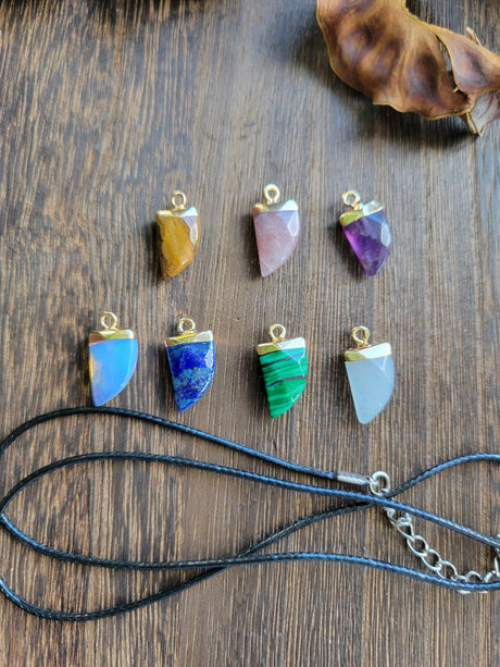 Natural Gemstones Pendants, Top Light Gold Plated, Scabbard Faceted Crystal with Cord