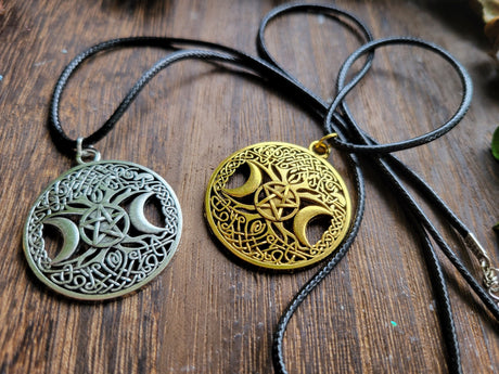 Triple Moon Pentagram Charm: Round Talisman Protection Jewelry