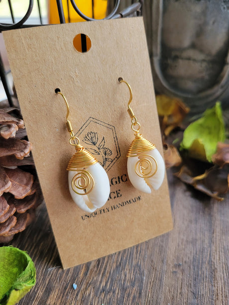 Shell Cowrie Wire Wrapped Earrings, Sea Earrings, Shell Earrings