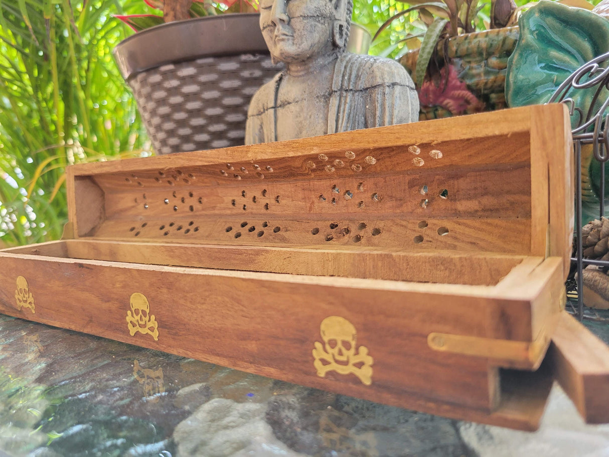 Coffin Incense Burner: Wood Altar Decor with Storage
