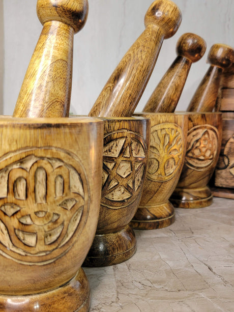 Witch's Wooden Mortar & Pestle Triquetra, Mortar Tree of Life, Pentacle
