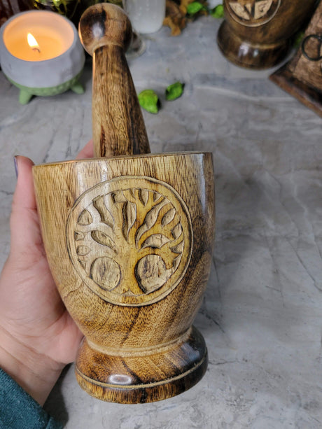 Witch's Wooden Mortar & Pestle Triquetra, Mortar Tree of Life, Pentacle