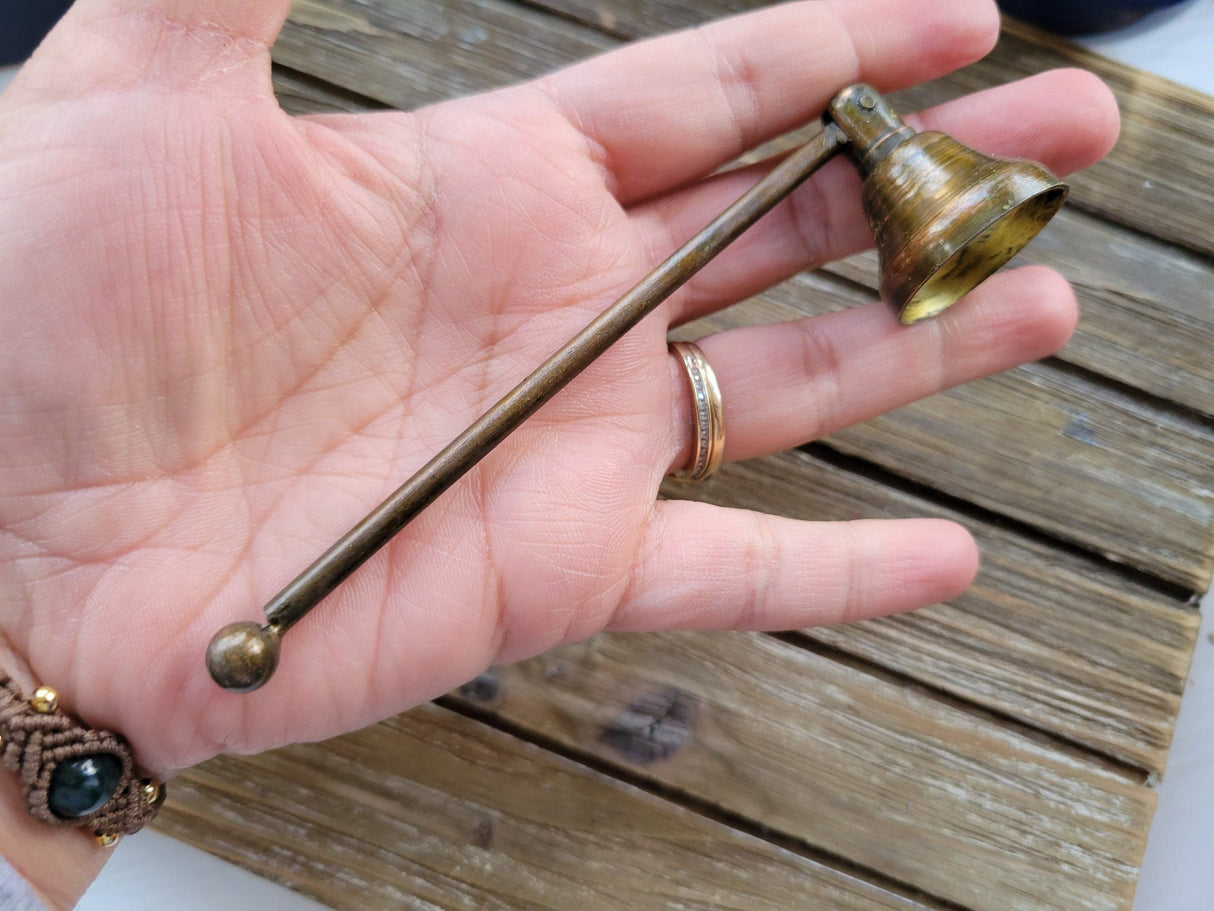 Handmade antique looking honey gold finish swivel metal candle snuffer 5"