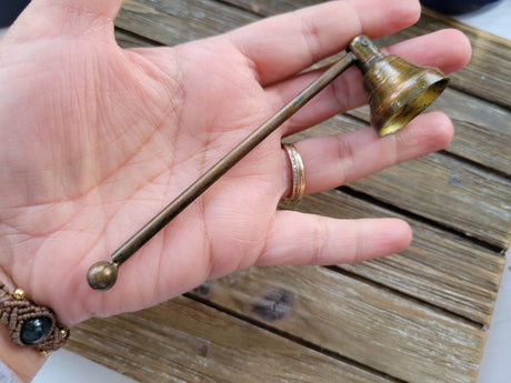 Handmade antique looking honey gold finish swivel metal candle snuffer 5"