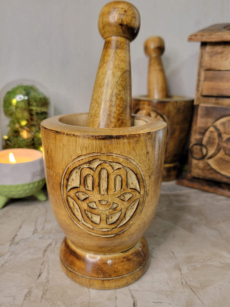 Witch's Wooden Mortar & Pestle Triquetra, Mortar Tree of Life, Pentacle