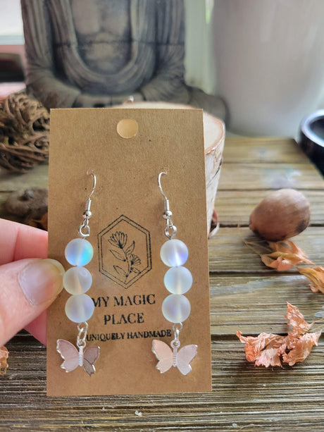 Butterfly Charm Crystal Drop Earrings: Stacked Stone Earrings