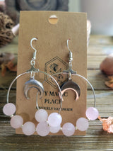 Moon beads earrings, rose quartz earrings, love crystal jewelry