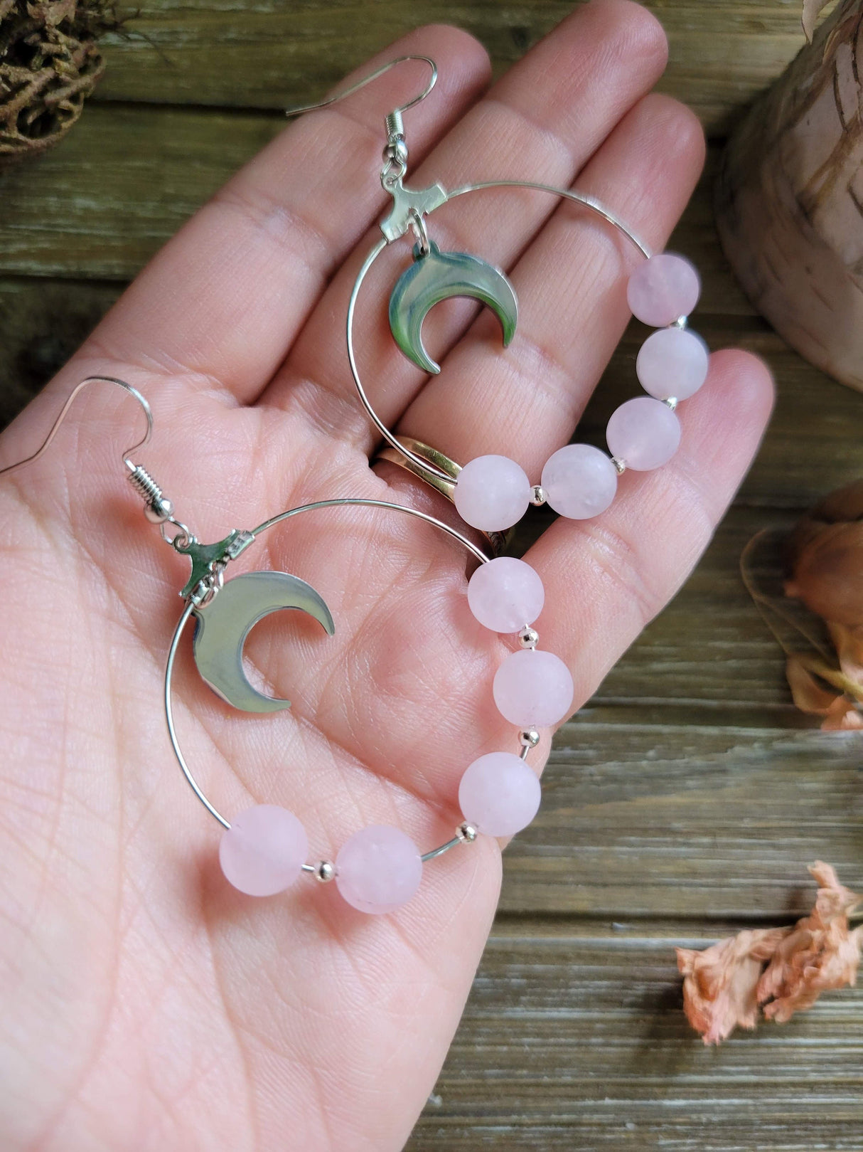 Moon beads earrings, rose quartz earrings, love crystal jewelry