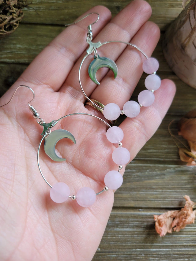 Moon beads earrings, rose quartz earrings, love crystal jewelry
