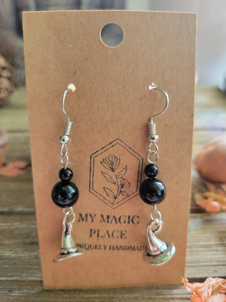 Witch Hat Earrings: Onyx Beads, Witchy Jewelry