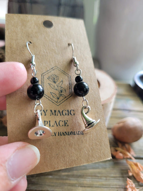 Witch Hat Earrings: Onyx Beads, Witchy Jewelry
