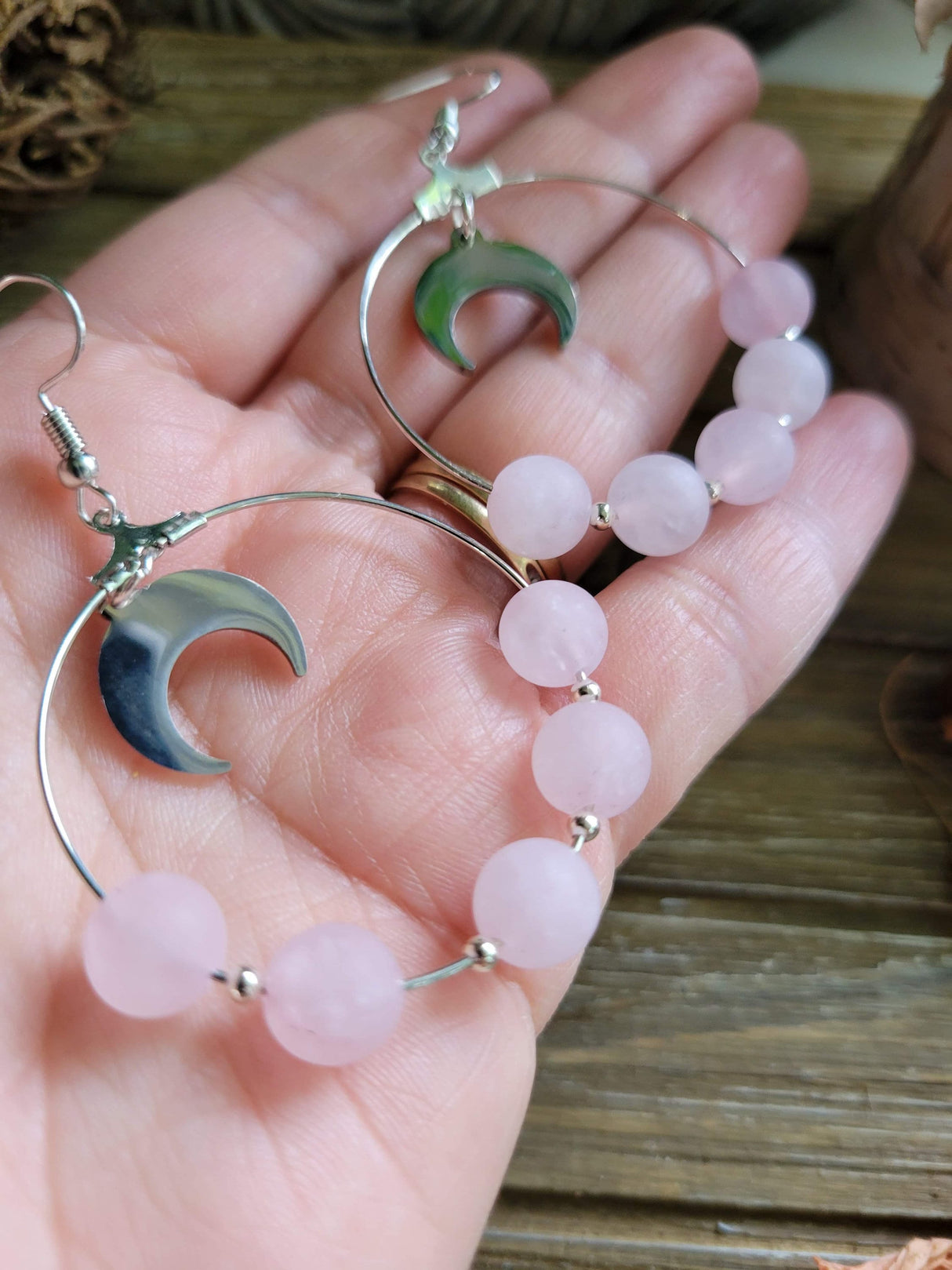 Moon beads earrings, rose quartz earrings, love crystal jewelry