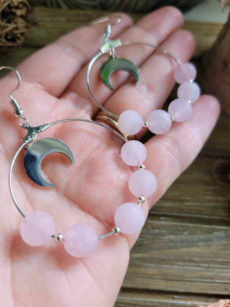 Moon beads earrings, rose quartz earrings, love crystal jewelry