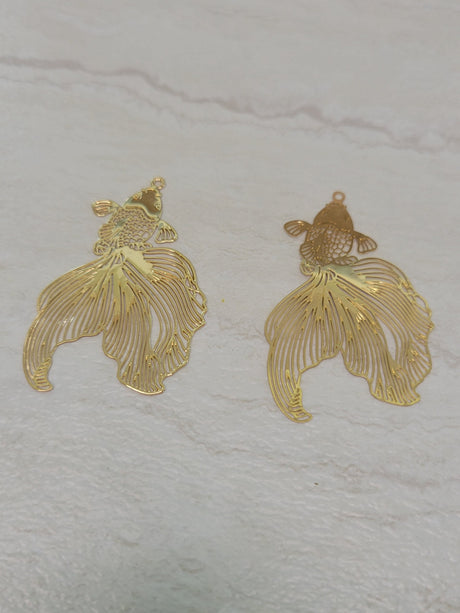 Etched metal goldfish, light gold color , 2 charms, Fish Charms, Jewelry Making