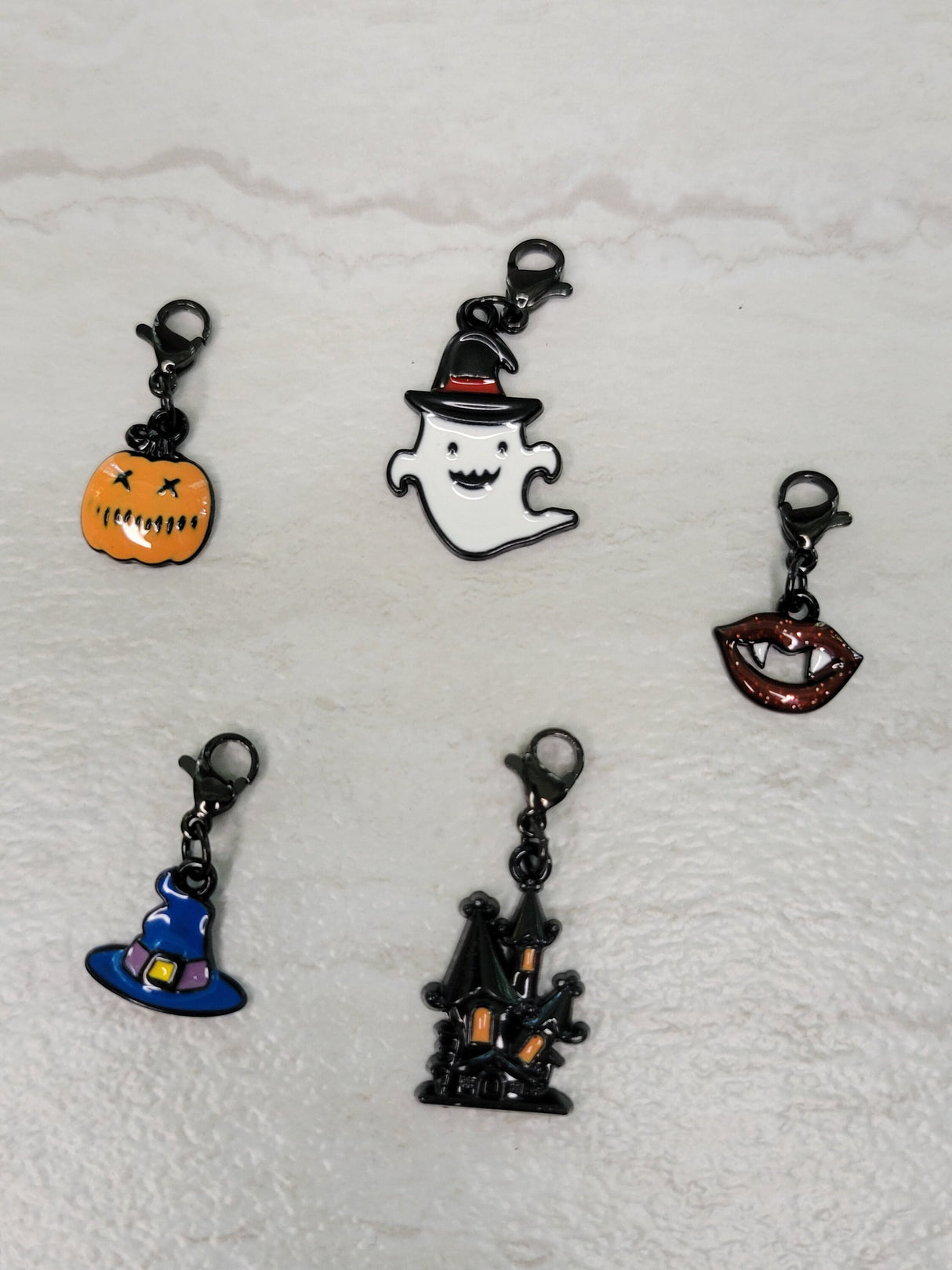 Halloween Enamel Charm Pendants: Castle, Ghost, Pumpkin, Hat, Mouth - 5pc Set