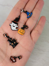 Halloween Enamel Charm Pendants: Castle, Ghost, Pumpkin, Hat, Mouth - 5pc Set