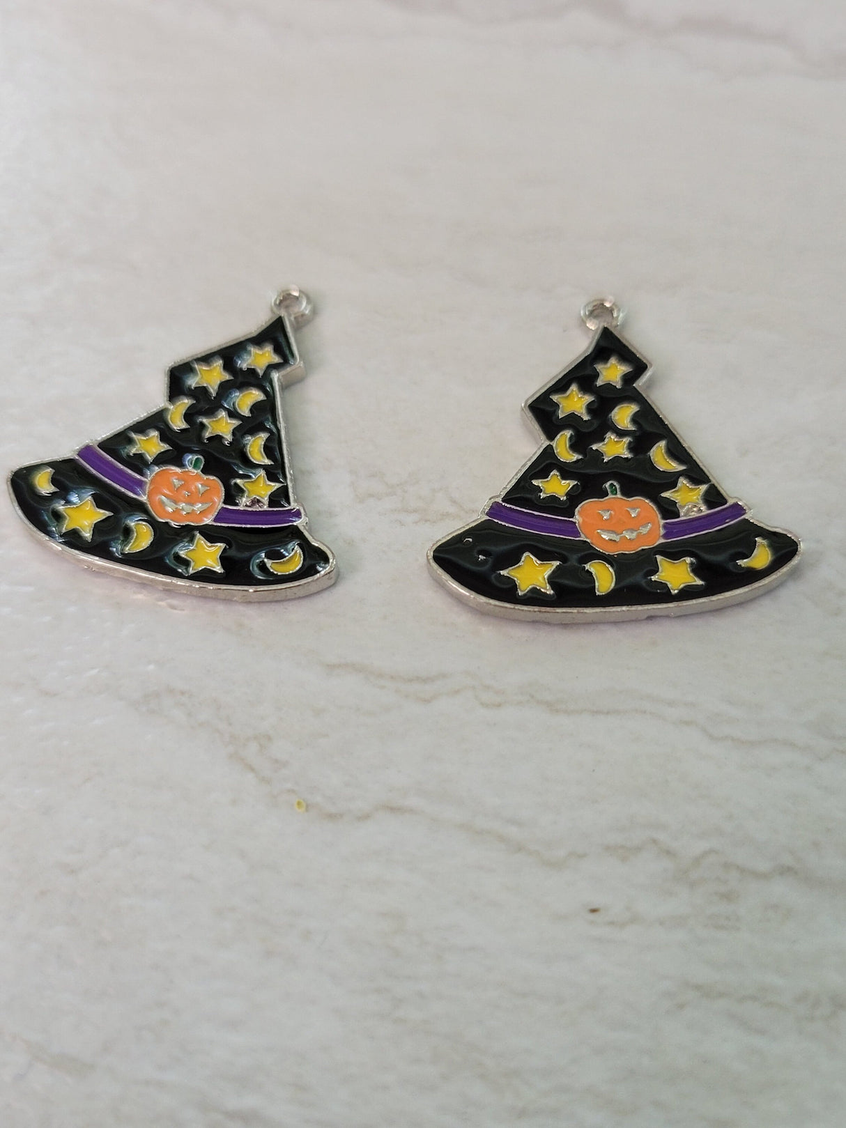 Halloween Witch Hat Enamel Charms: Star, Moon & Pumpkin Pendants