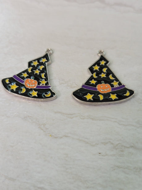 Halloween Witch Hat Enamel Charms: Star, Moon & Pumpkin Pendants