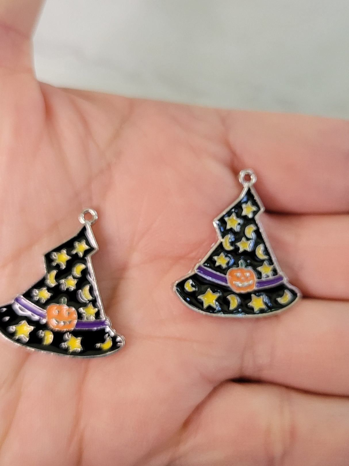 Halloween Witch Hat Enamel Charms: Star, Moon & Pumpkin Pendants