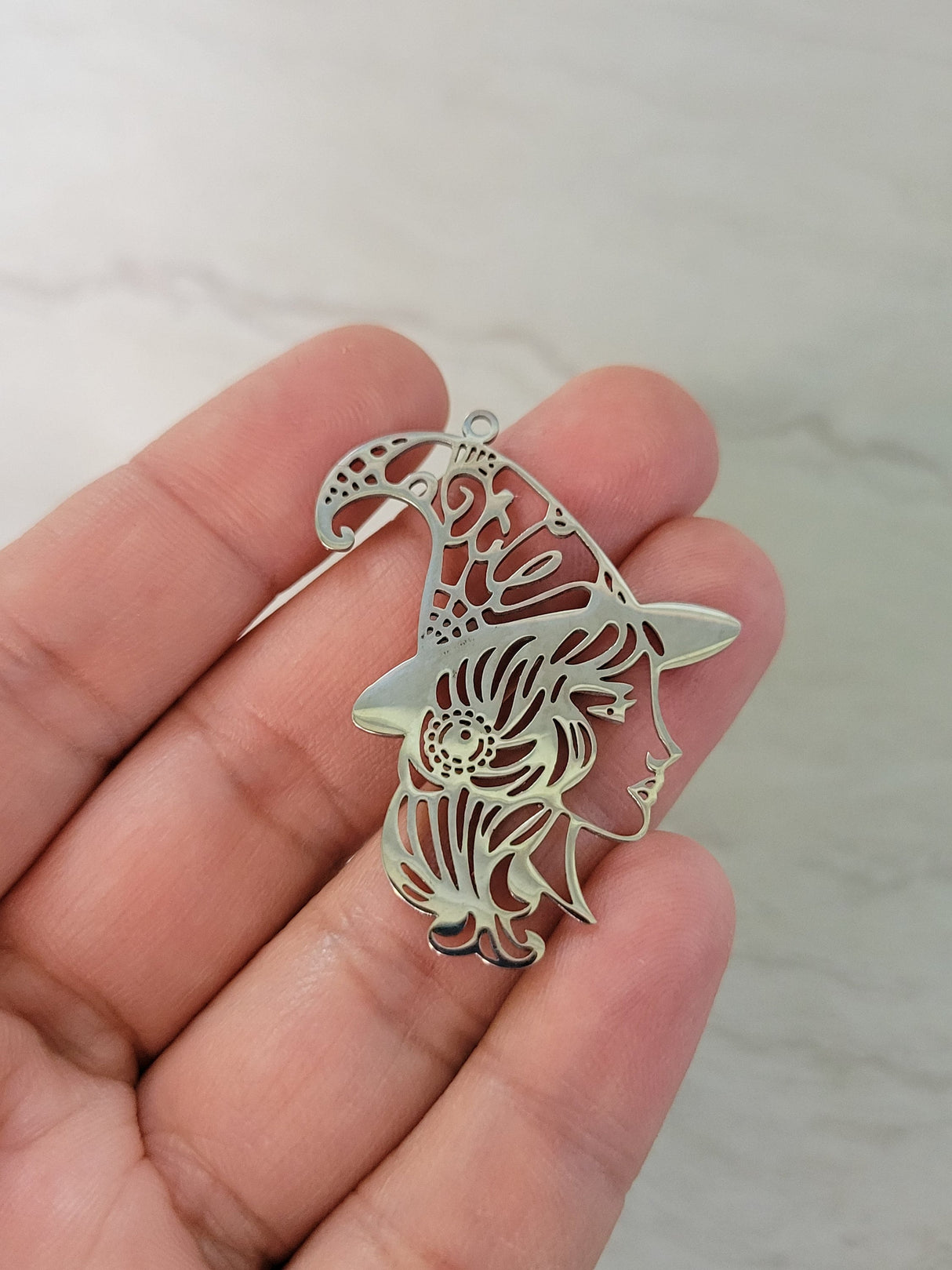 Witch girl face charm, witch jewelry, stainless steel pendants