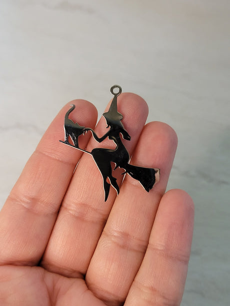 Witch with cat stainless steel pendant Silver Gold Rainbow color , witch on broomstick