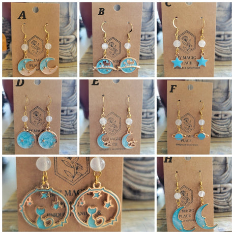 Selenite Celestial Cat Earrings: Gold Charms, Hypoallergenic Hooks