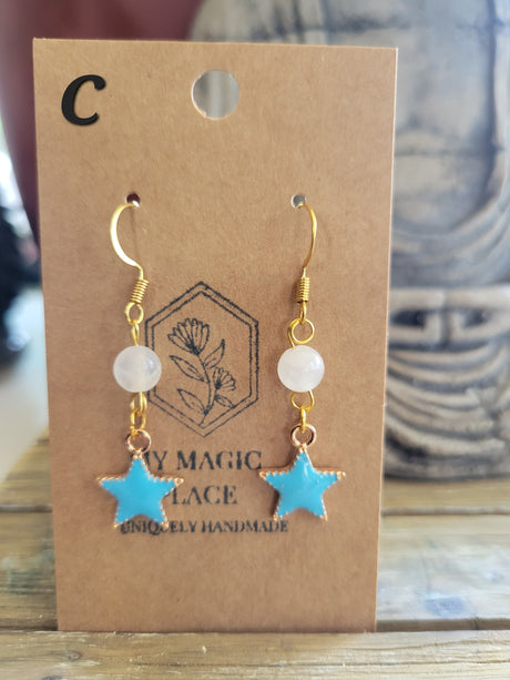 Selenite Celestial Cat Earrings: Gold Charms, Hypoallergenic Hooks