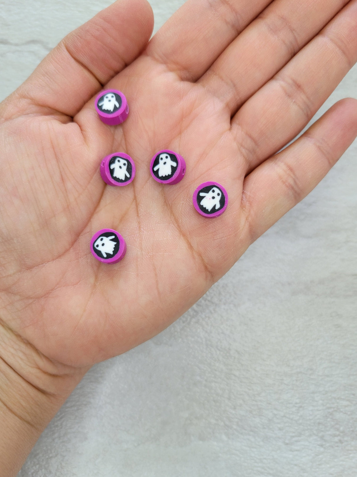 Halloween theme handmade polymer clay beads, flat round with ghost