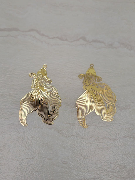 Etched metal goldfish, light gold color , 2 charms, Fish Charms, Jewelry Making